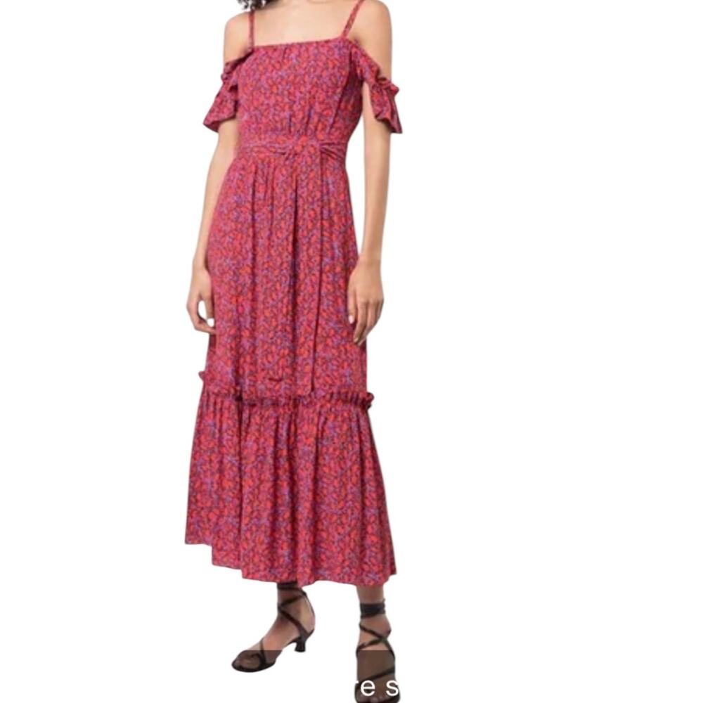 Derek Lam 10 Crosby 4 Off the Shoulder Tiered Silk Cami Dress Red Poppy Ruffles